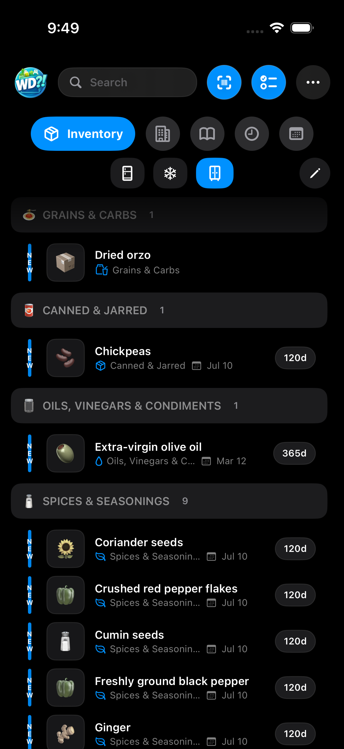 WhatDo?! inventory screen with categorized items