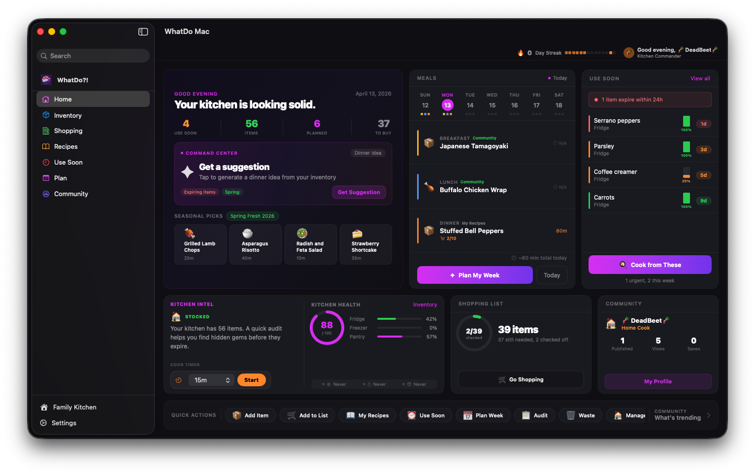 WhatDo?! desktop home screen with Command Center and recipe highlights